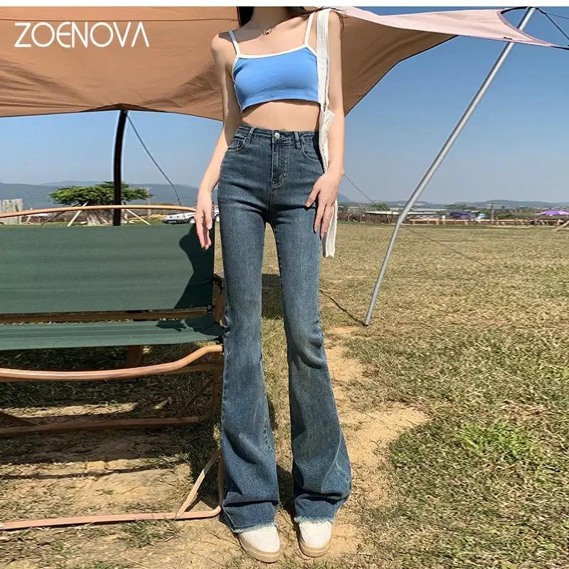 ZOENOVA Streetwear High Waist Jeans for Women Flare Pant Vintage Black Casual High Waist Slim Mom Fashion Harajuku D